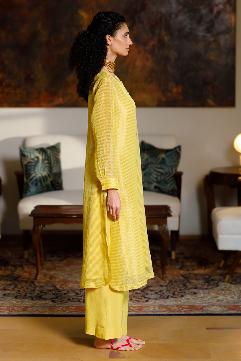 Yellow Organza Zari Woven Stripe Festive Co-ord Set