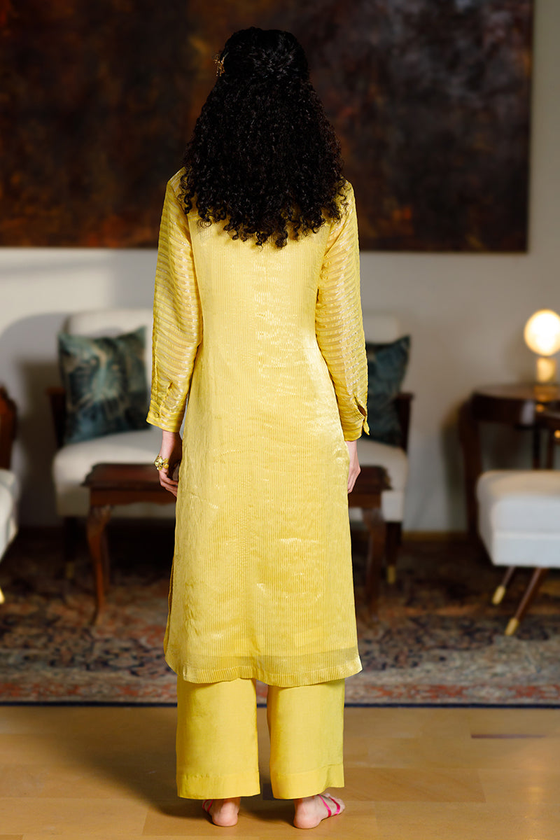 Yellow Organza Zari Woven Stripe Festive Co-ord Set