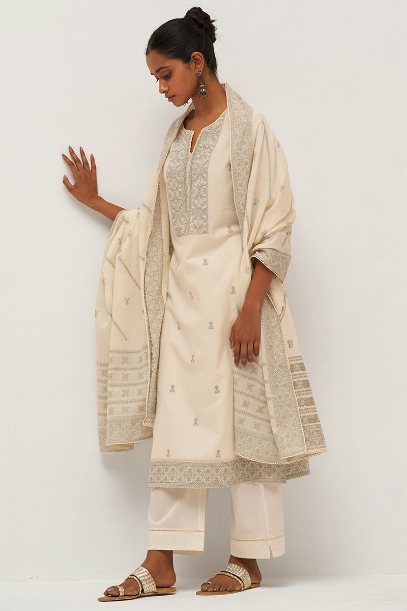 Gardenia Cream Woven Cotton Salwar Suit With Hand Embellishment
