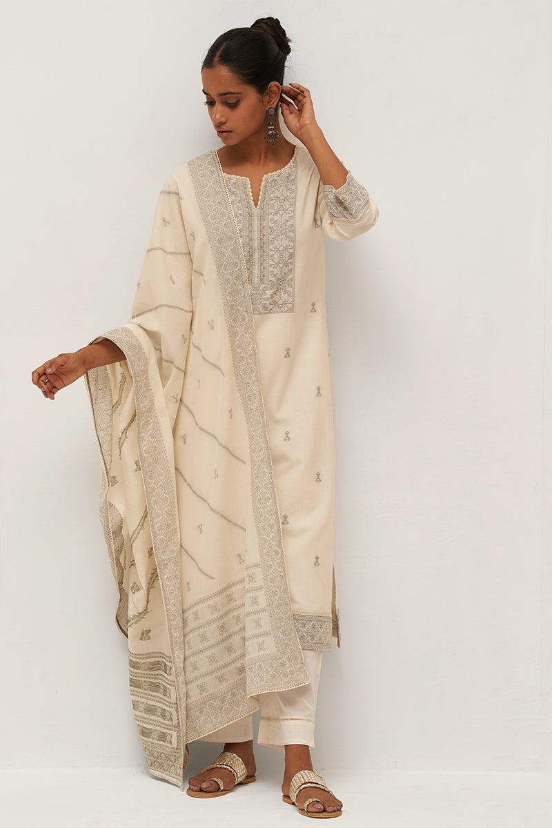 Gardenia Cream Woven Cotton Salwar Suit With Hand Embellishment