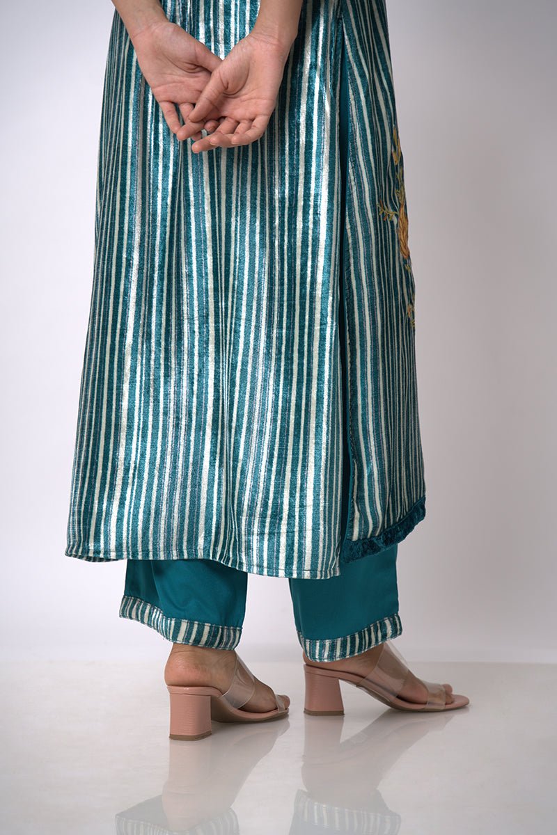 Peacock Blue and Off White Silk Velvet Salwar Suit