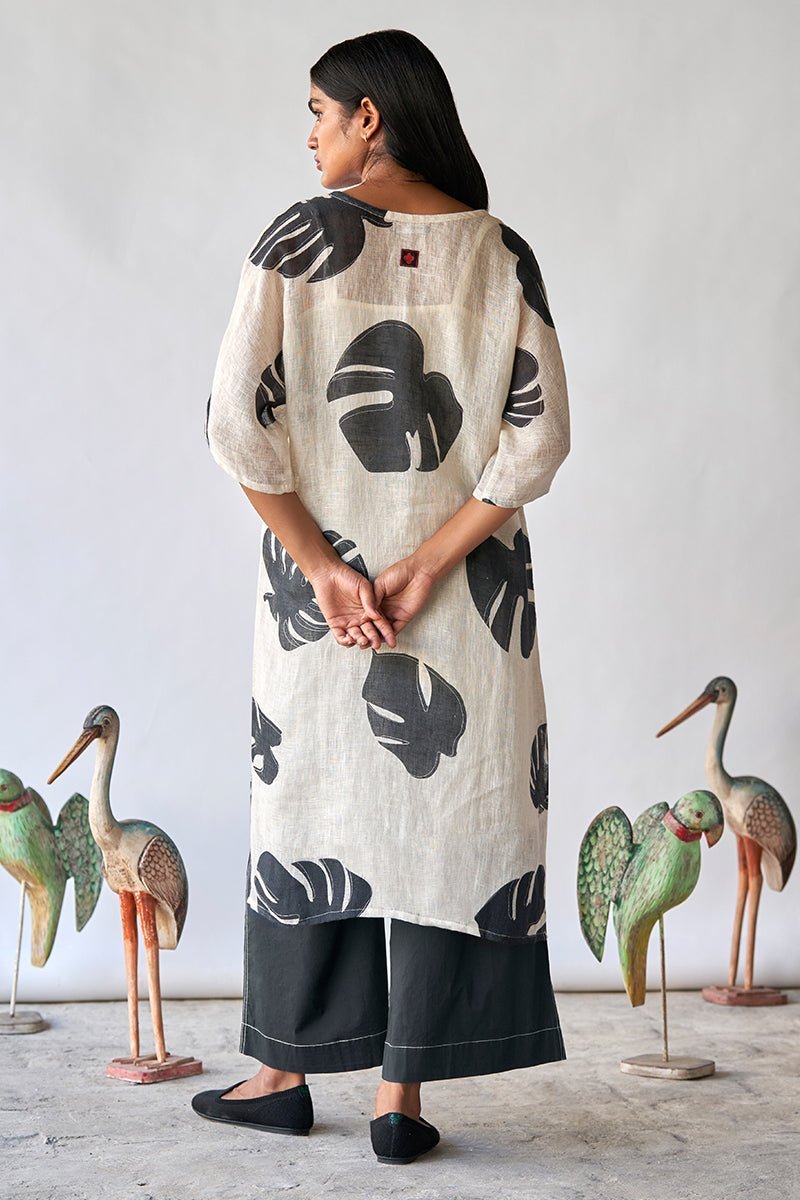 Black and Tofu Leaf Printed Linen Co-ord Set