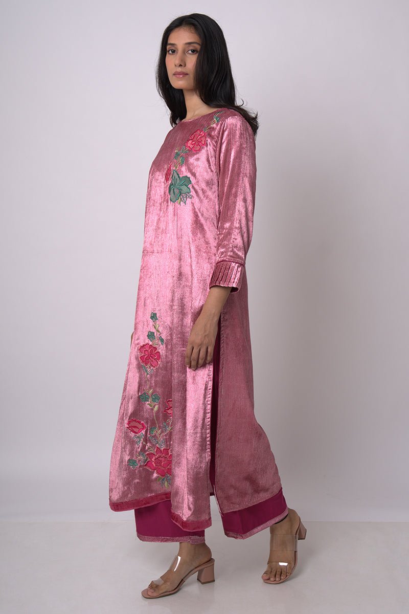 Fushia Pink and Beige Silk Velvet Salwar Suit