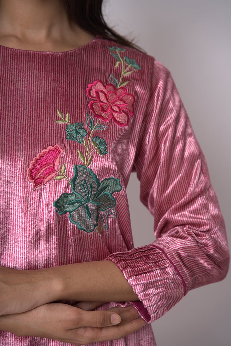 Fushia Pink and Beige Silk Velvet Salwar Suit