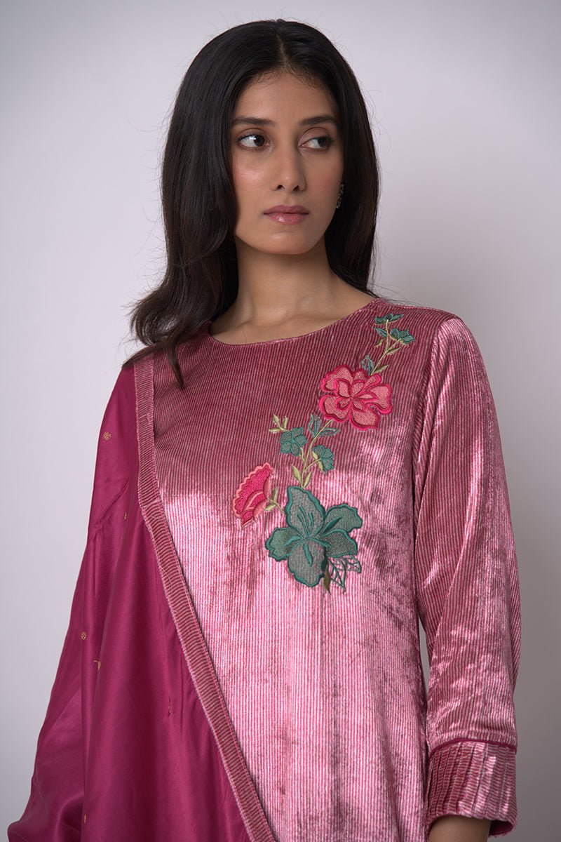 Fushia Pink and Beige Silk Velvet Salwar Suit