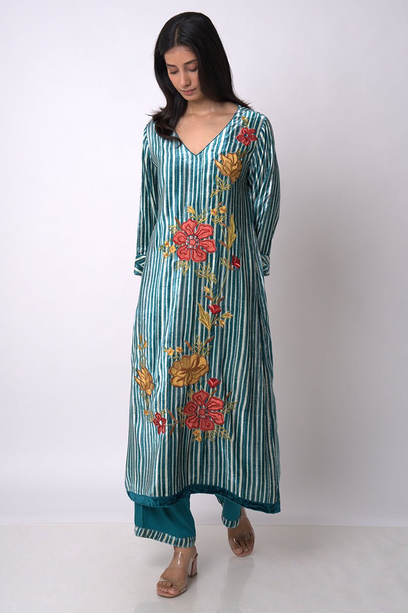 Peacock Blue and Off White Silk Velvet Salwar Suit