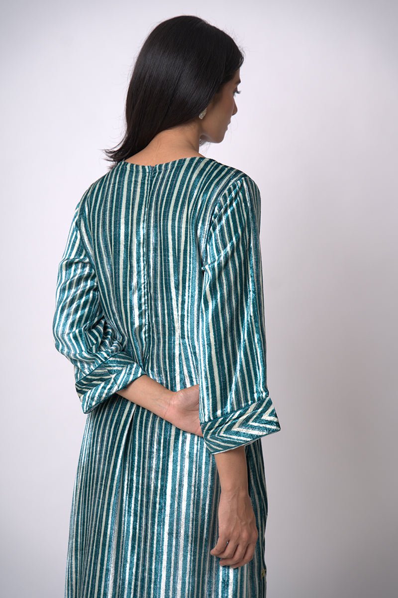 Peacock Blue and Off White Silk Velvet Salwar Suit