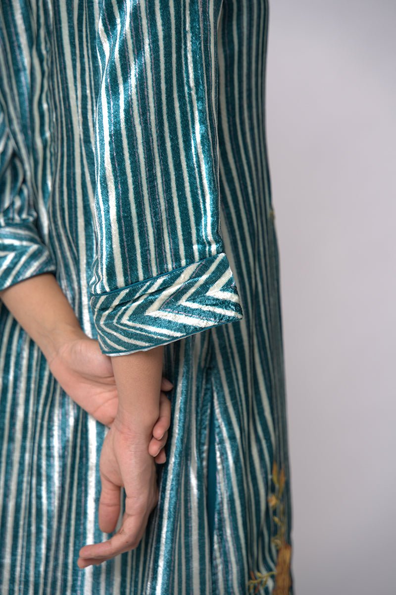 Peacock Blue and Off White Silk Velvet Salwar Suit