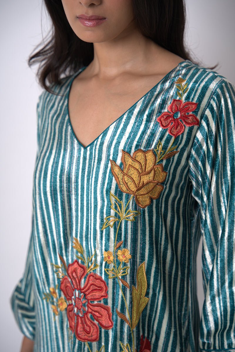 Peacock Blue and Off White Silk Velvet Salwar Suit