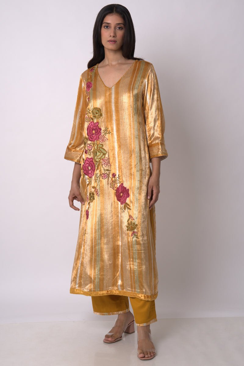 Mustard and Beige Silk Velvet Salwar Suit