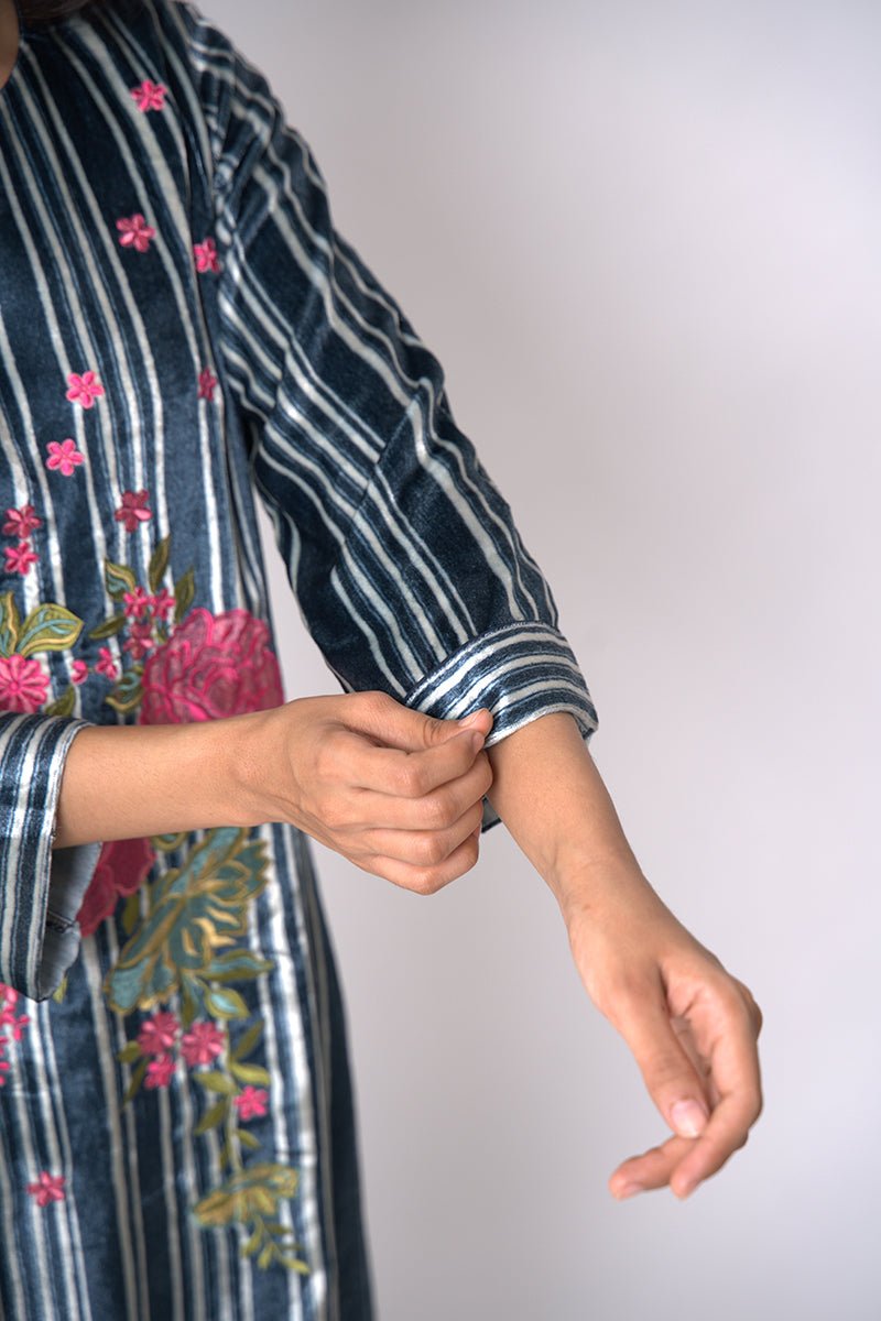 Navy Blue and Light Grey Silk Velvet Salwar Suit