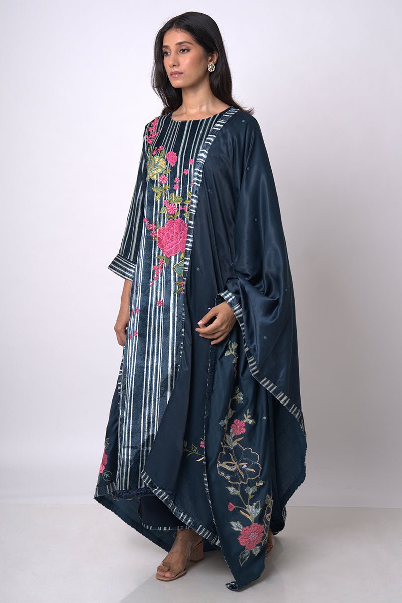 Navy Blue and Light Grey Silk Velvet Salwar Suit